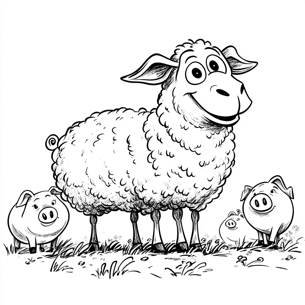 Friendly sheep in garden with pepper pigs, coloring page.