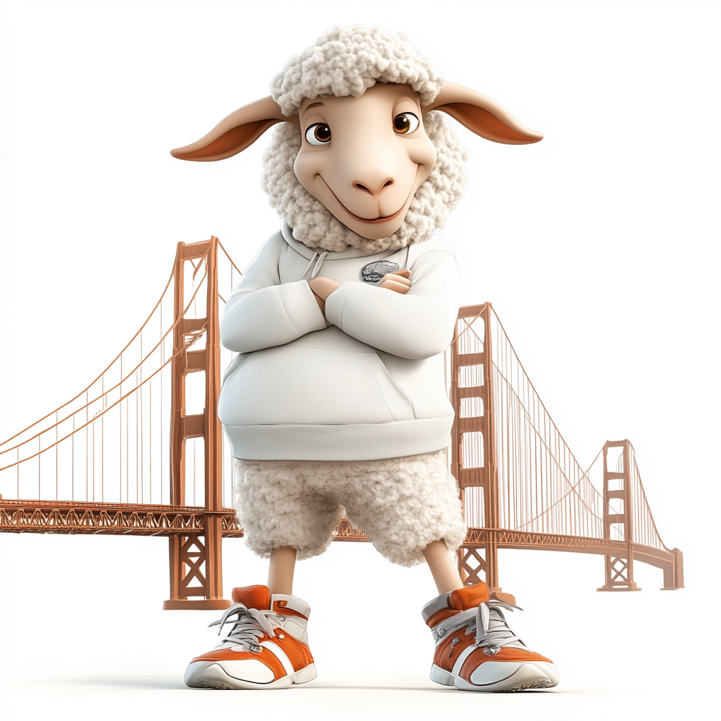 Friendly sheep in hip hop clothes at Golden Gate.