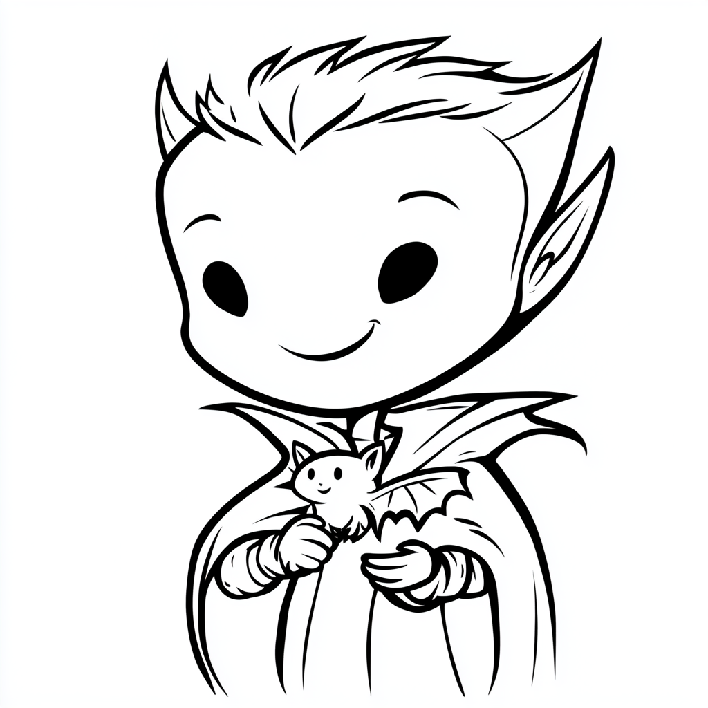 Friendly vampire smiling while holding a small bat gently.