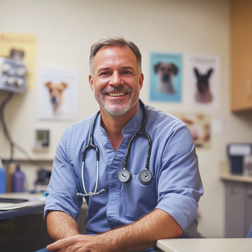 Friendly vet in modern office smiling at camera.