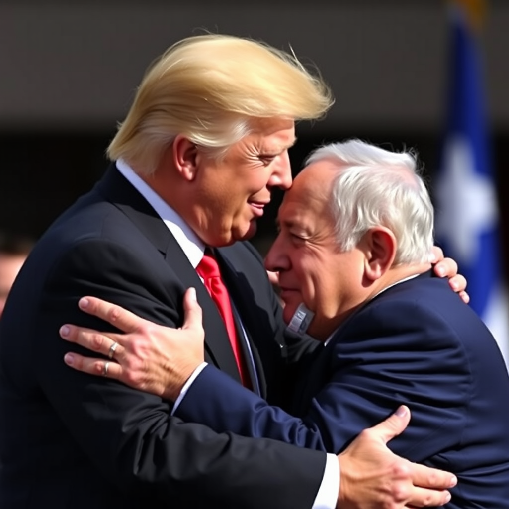 Friends, Trump and Netanyahu, hugging and crying.