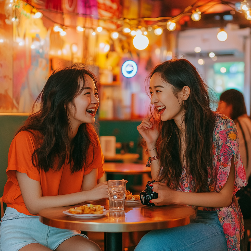 Friends Enjoying a Vibrant Café Together