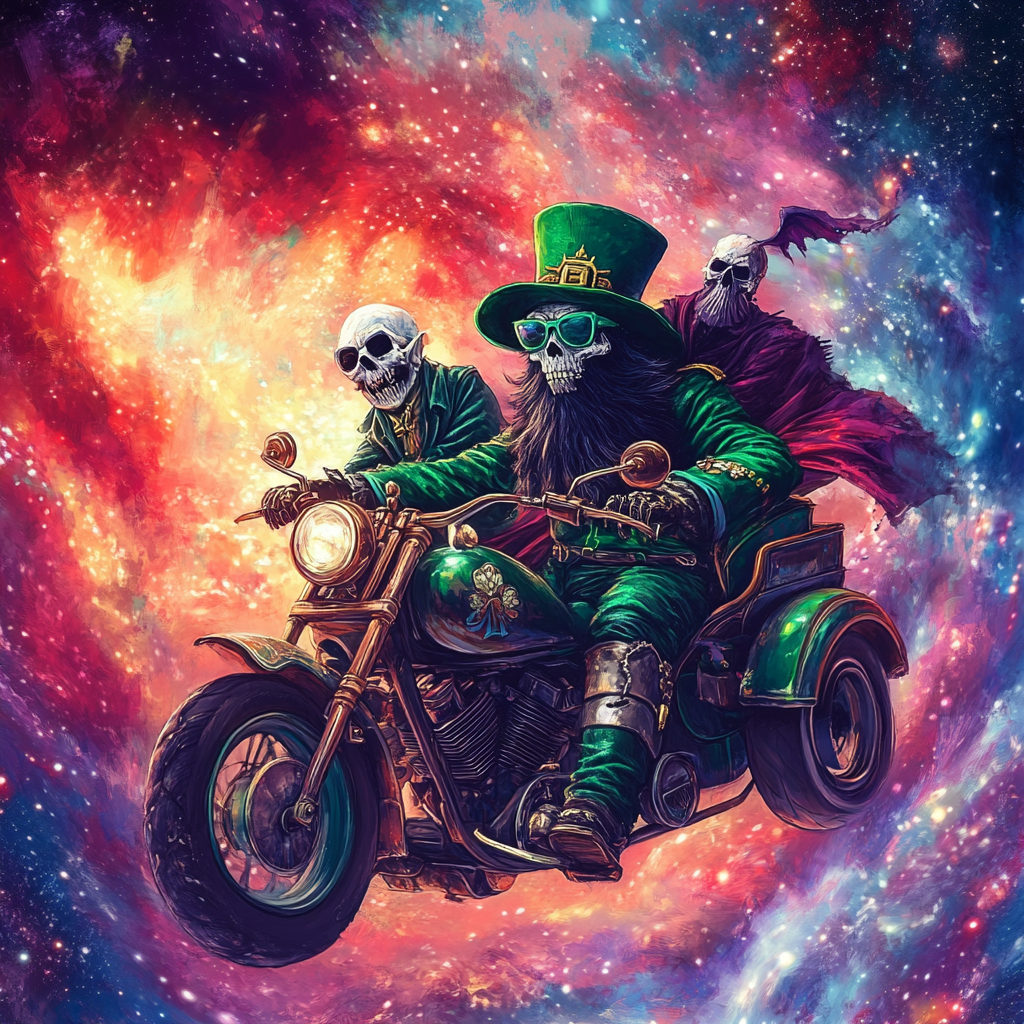 Friends Riding Through Nebula on Motorbike