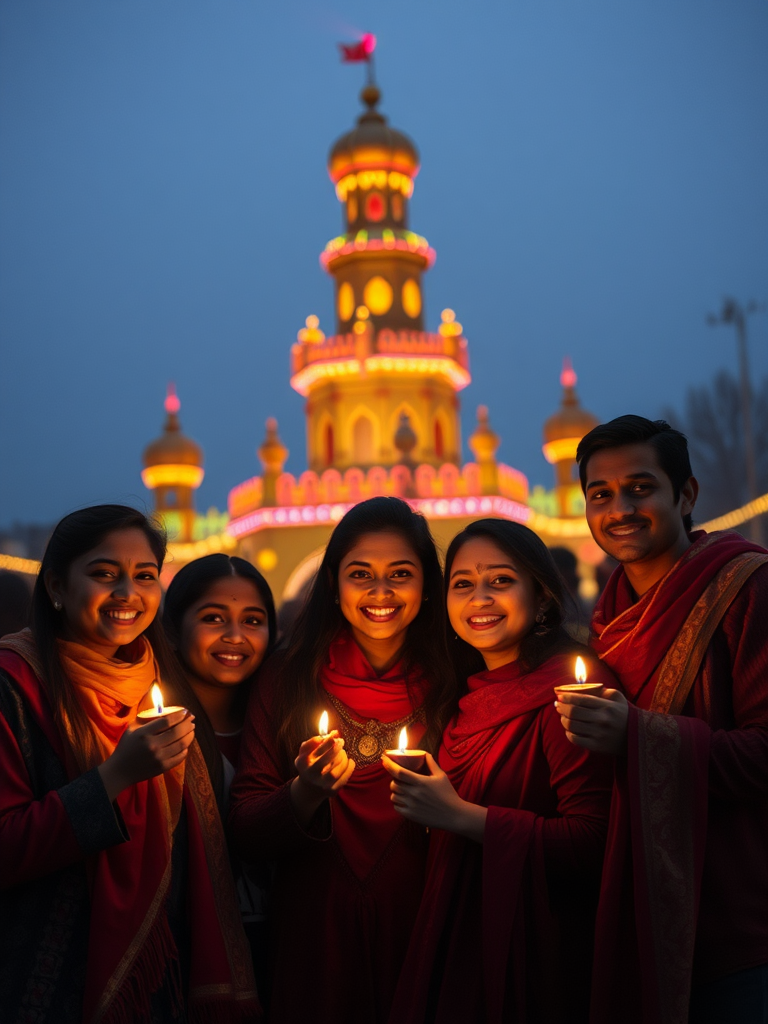 Friends celebrating Diwali with lights in Canada.