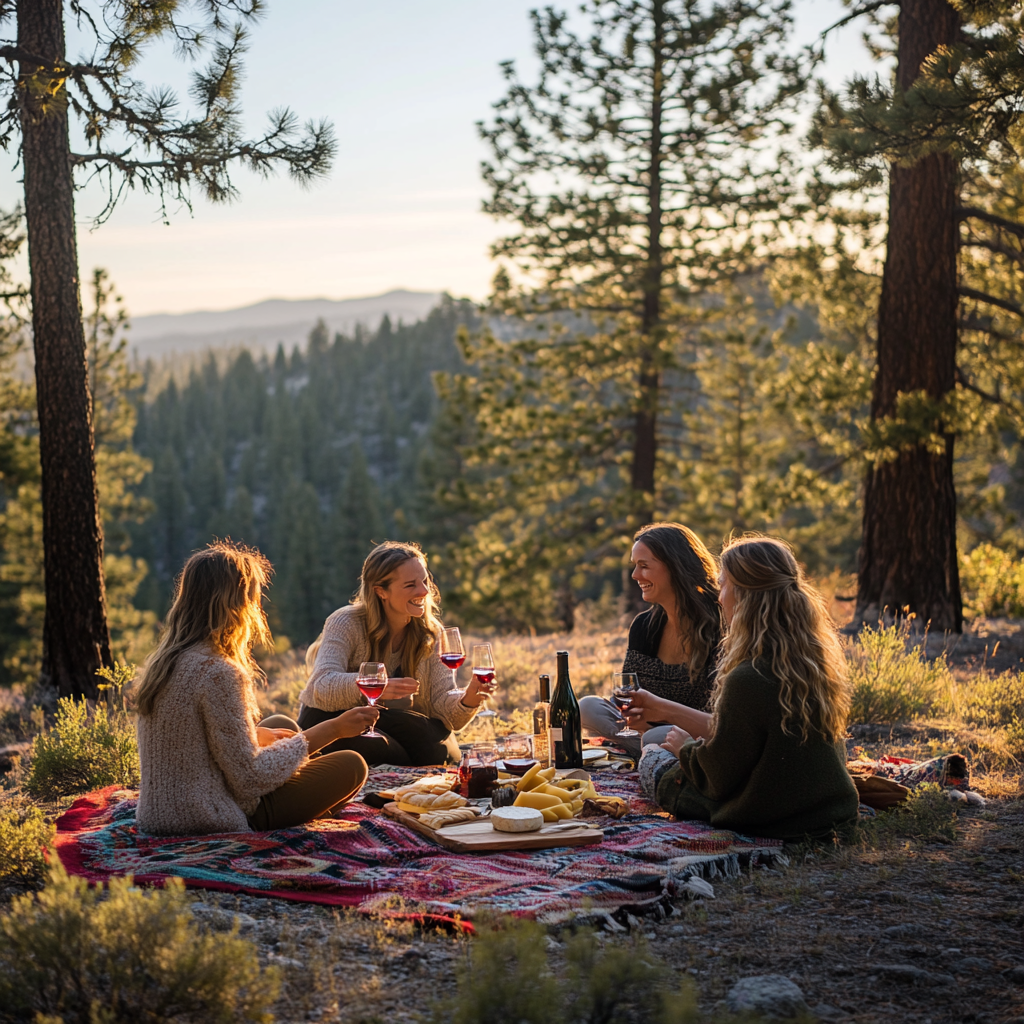 Friends enjoy sunset picnic in forest with wine