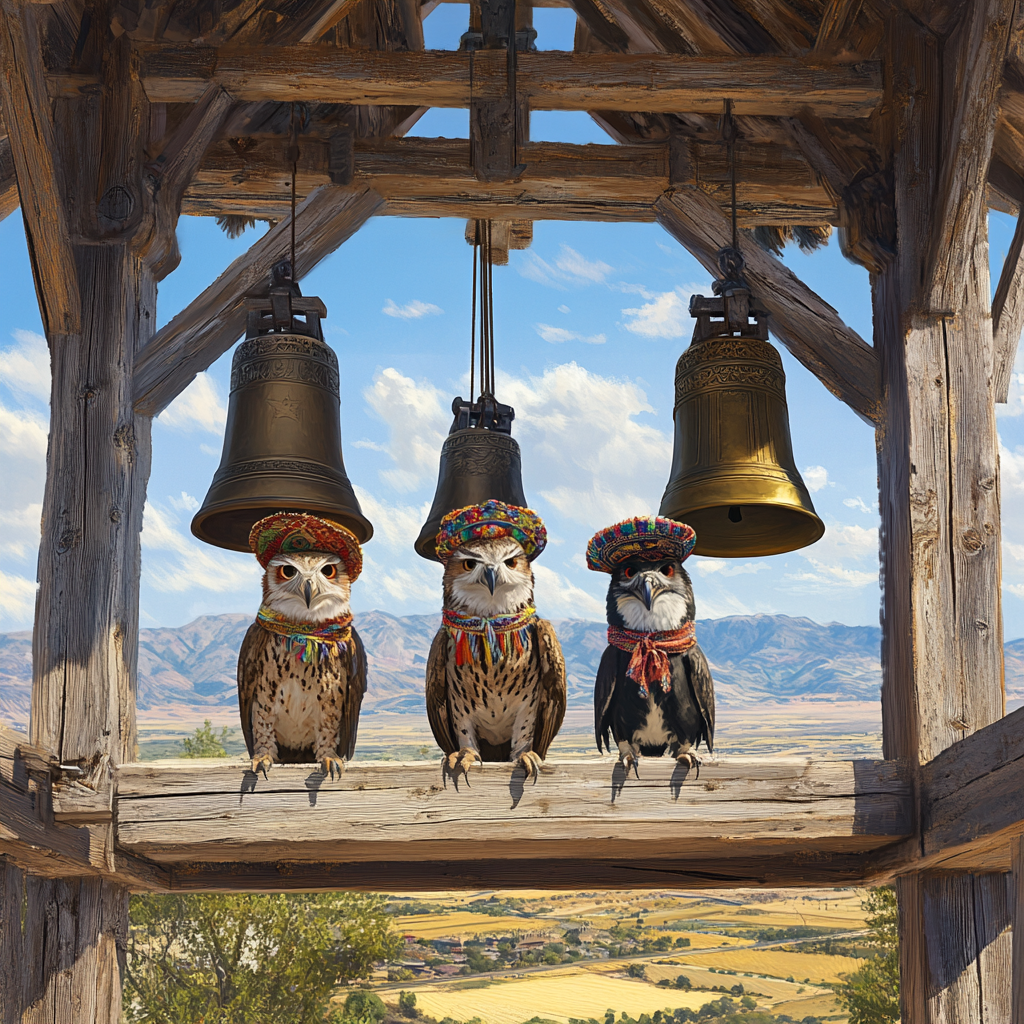 Friends in Mexican sombreros stand in rustic church tower.