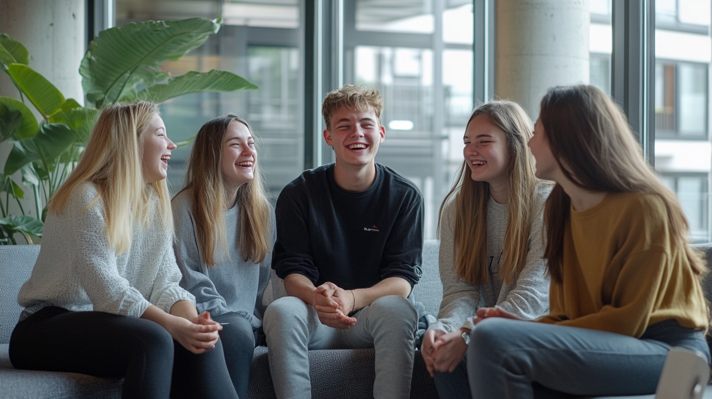 Friends laughing and talking on a comfy gray couch.