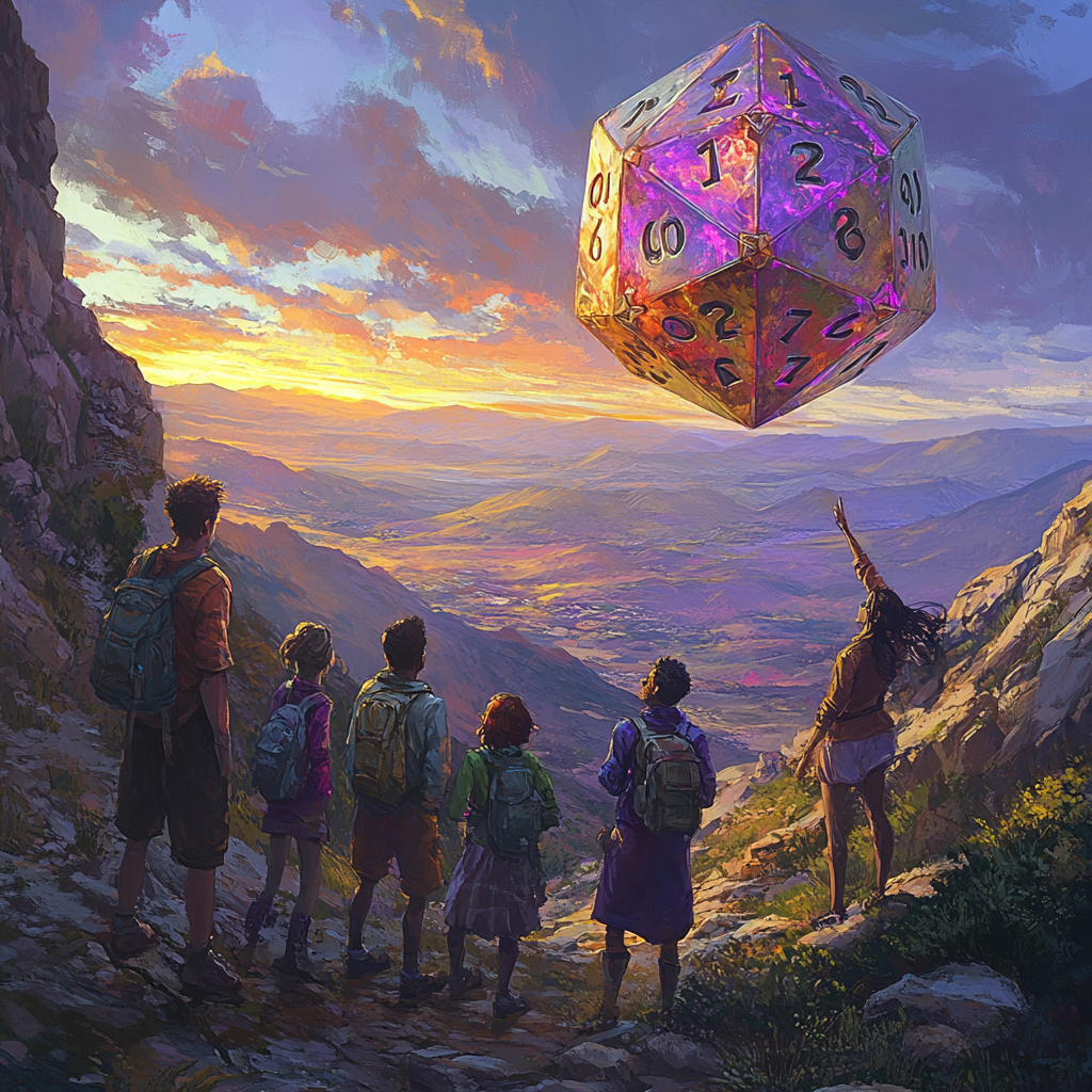 Friends on mountain trail amazed by giant dice.