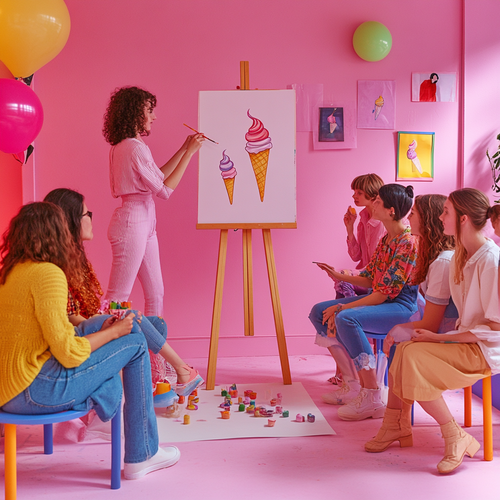 Friends playing Pictionary in pink room, drawing ice cream.