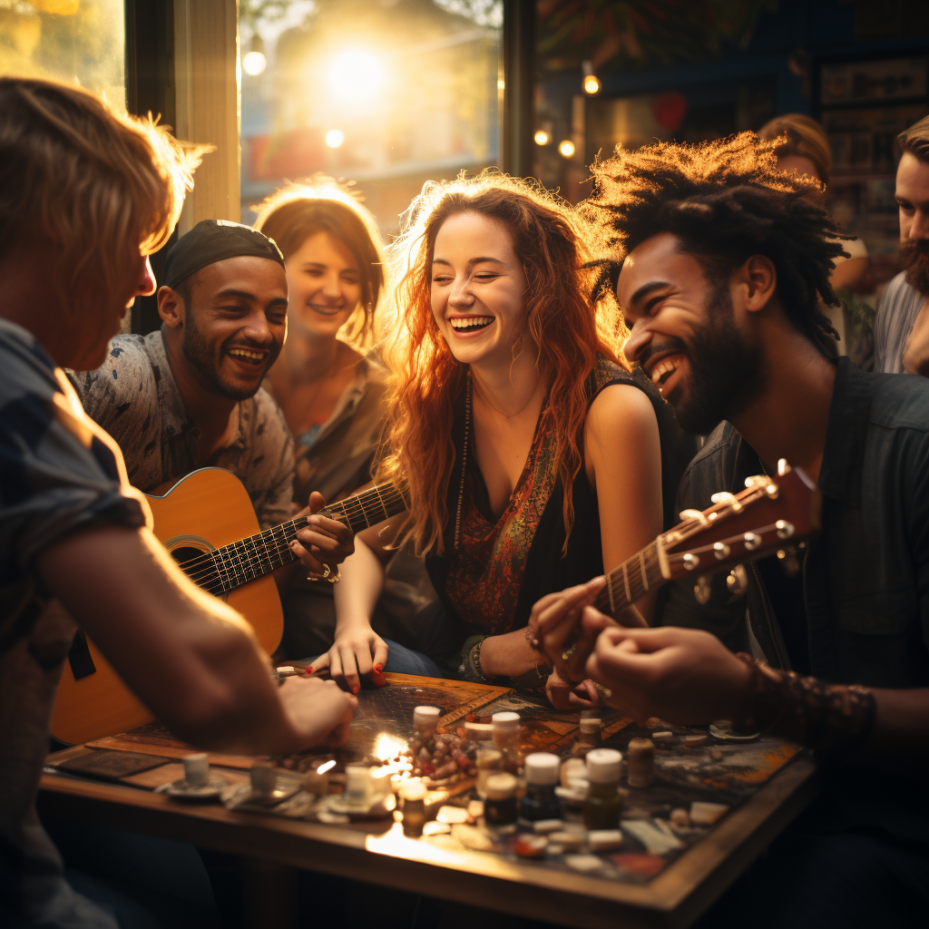 Friends playing music and dancing at Brazil bar.