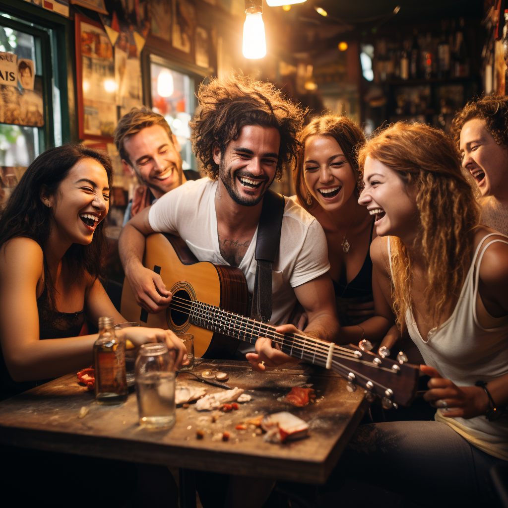 Friends playing music at bar in Brazil.