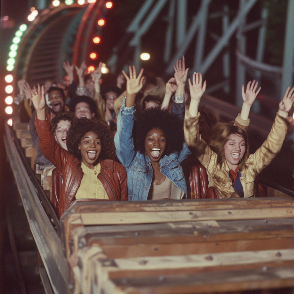 Friends ride a roller coaster at night