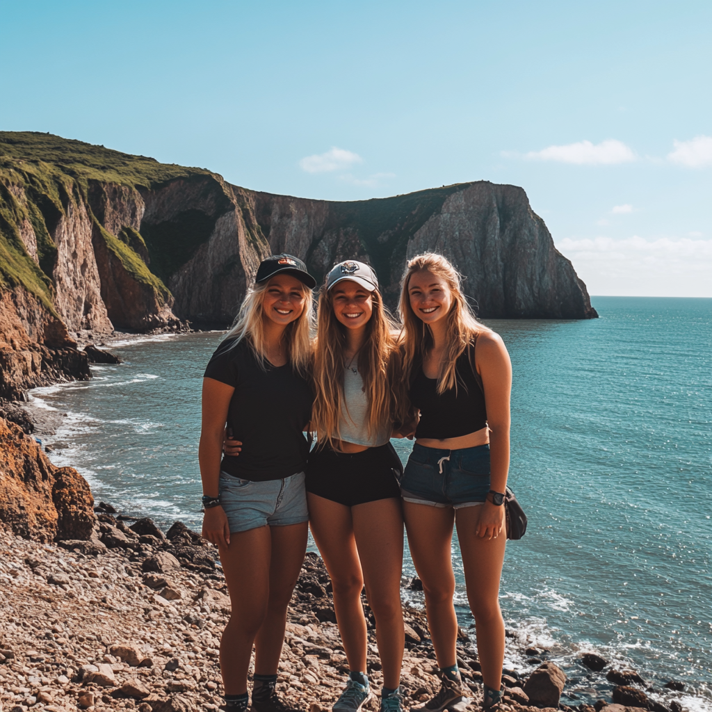 Friends smiling on rocky coast under bright blue sky.