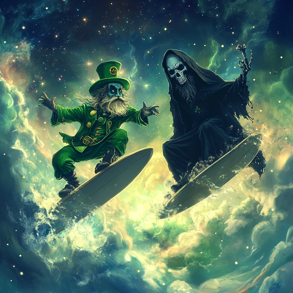 Friends surfing through cosmos: Leprechaun and Grim Reaper