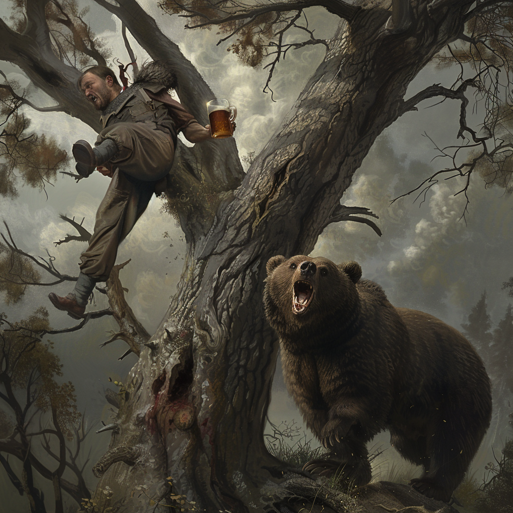 Frightened man in tree escaping angry bear. Traditional German.