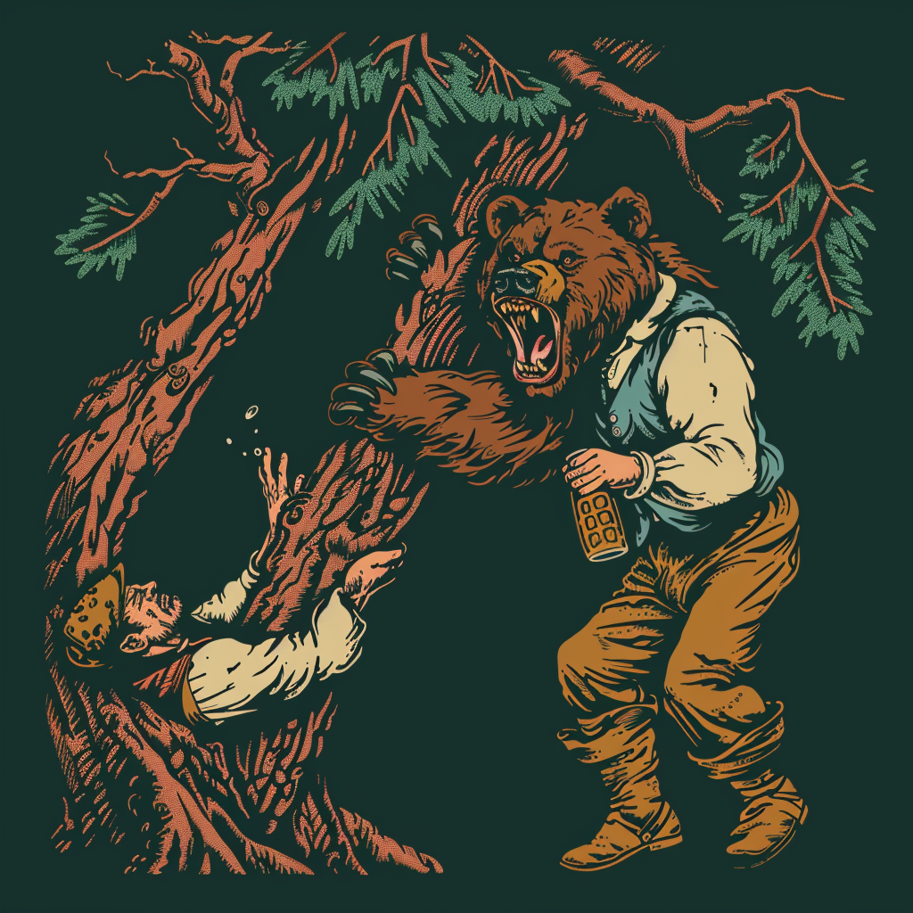 Frightened man in tree with bear and beer mug.