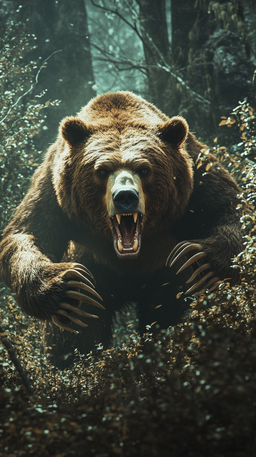 Frightening Brown Bear Attacks in Gloomy Forest