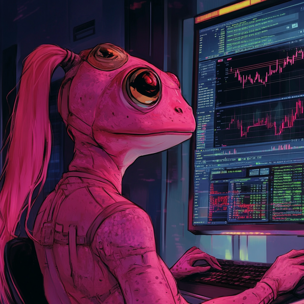 Frog with Red Skin and Hair Looking at Crypto Chart 