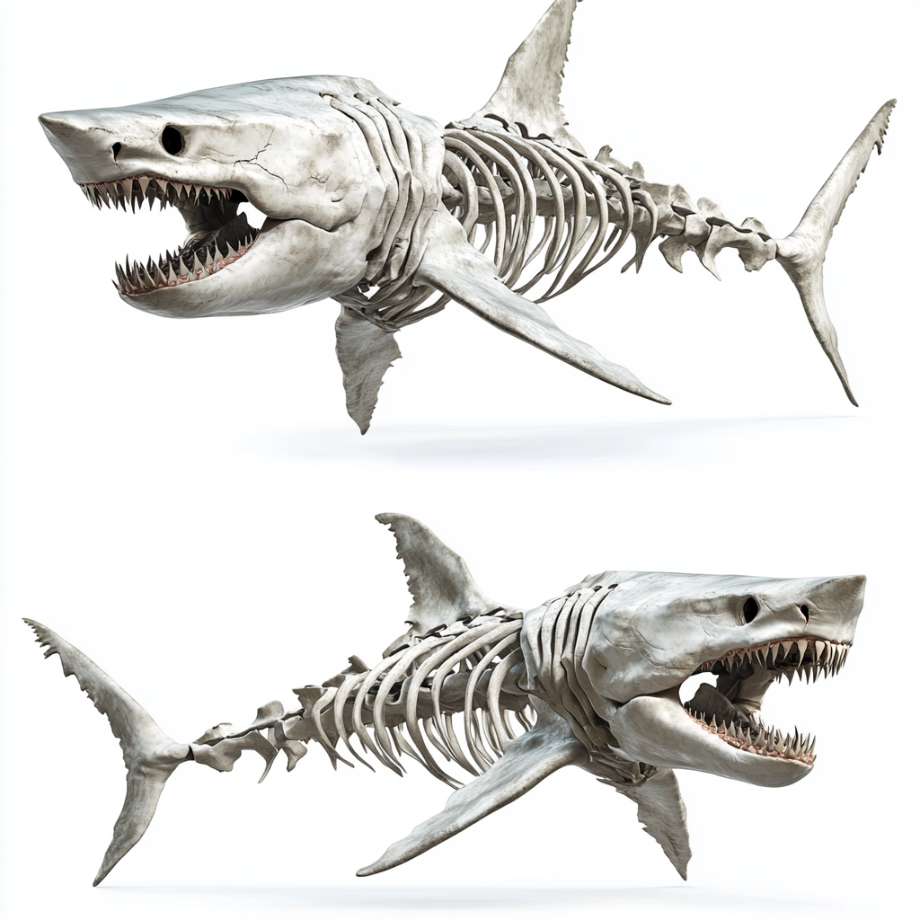 Front and rear views of great white shark skeleton.