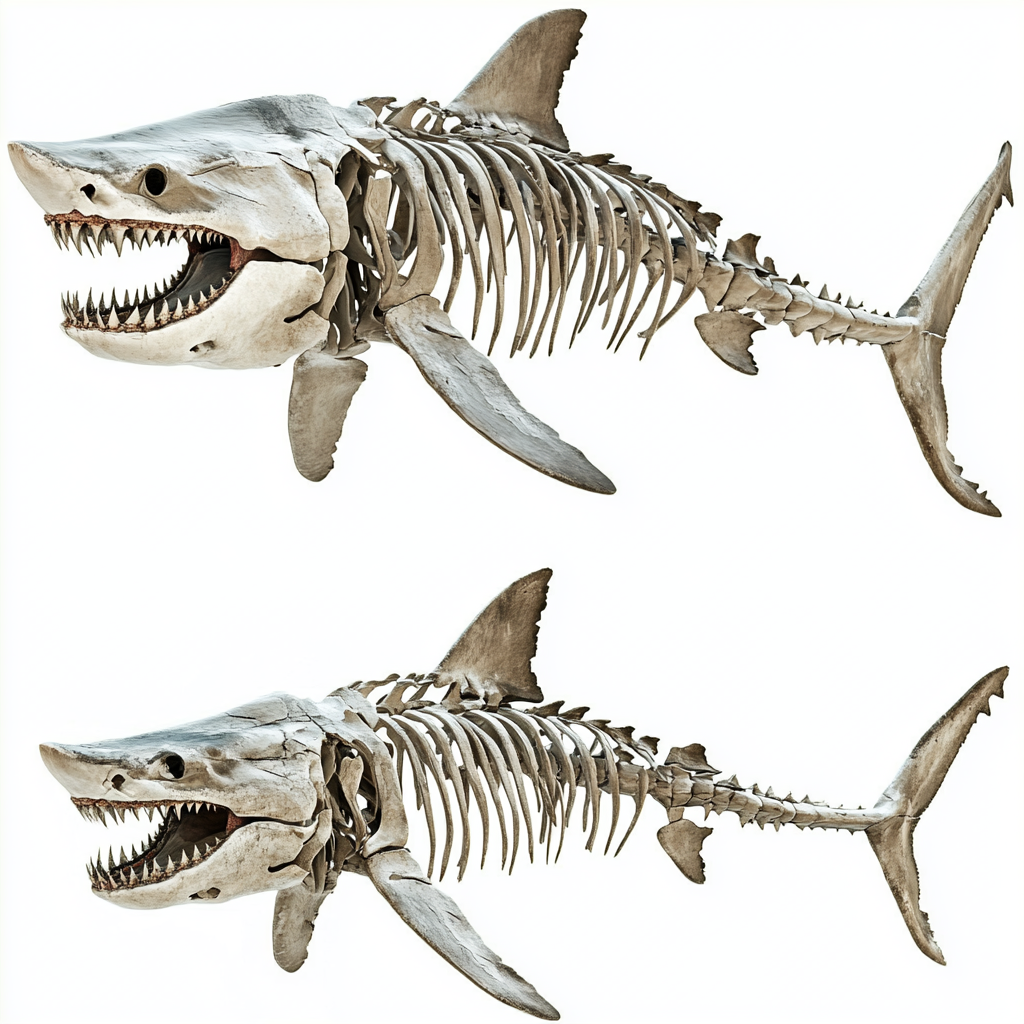 Front and rear views of shark skeleton with open mouth.