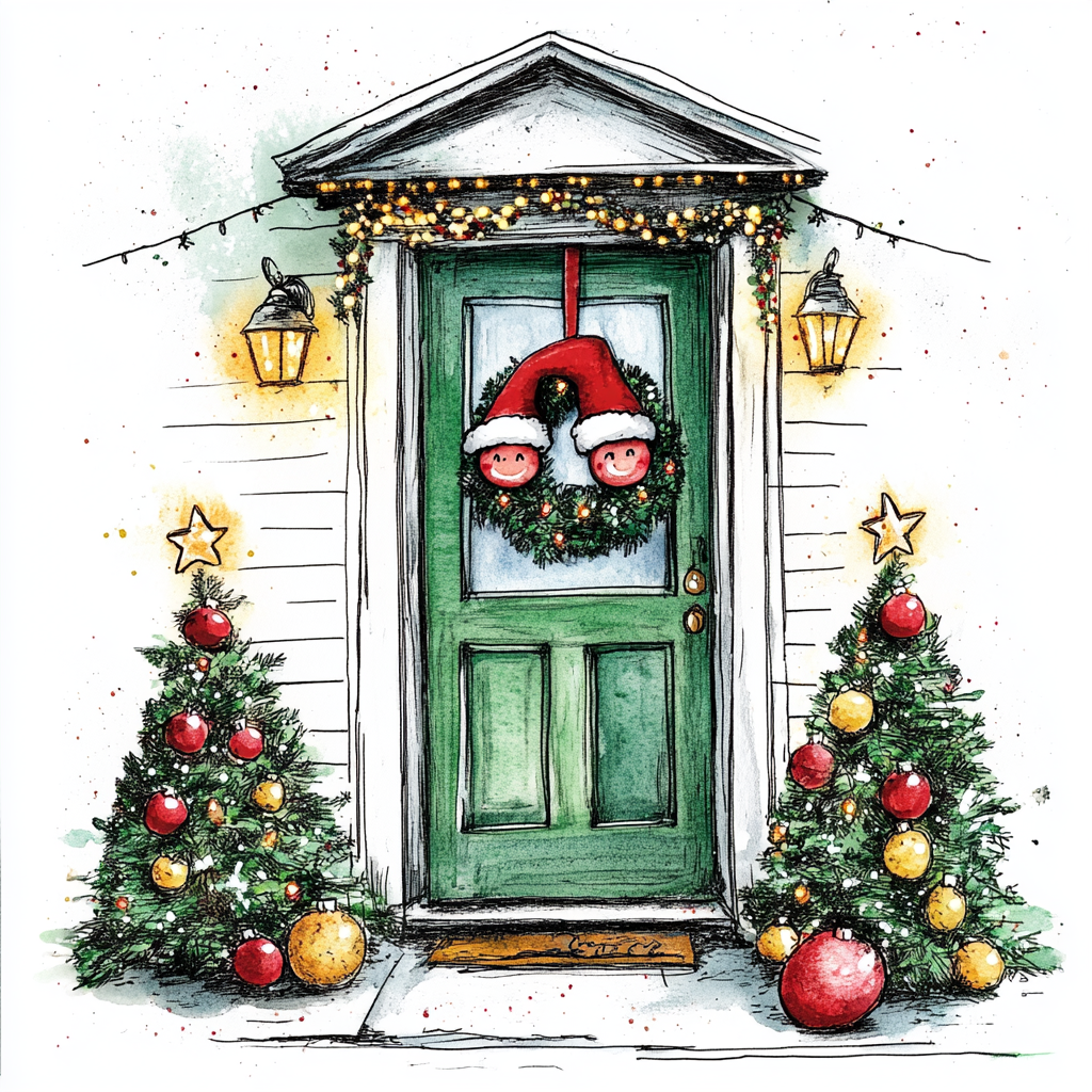 Front door with Christmas lights and falafel Santa balls.