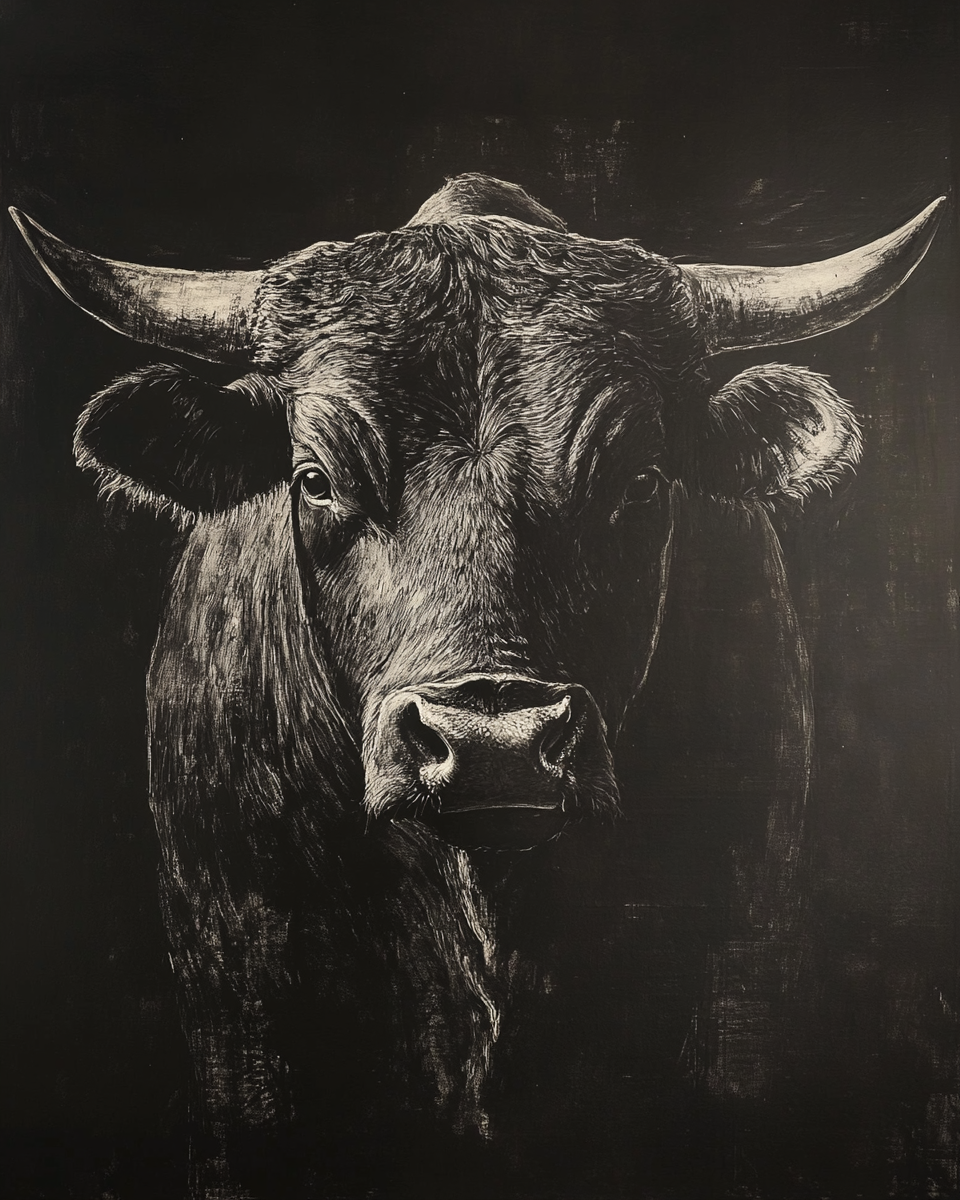 Front view Rembrandt painting realistic portrait bull AR 4:5