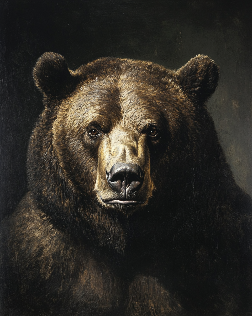 Front view portrait of massive bear, realistic Rembrandt style