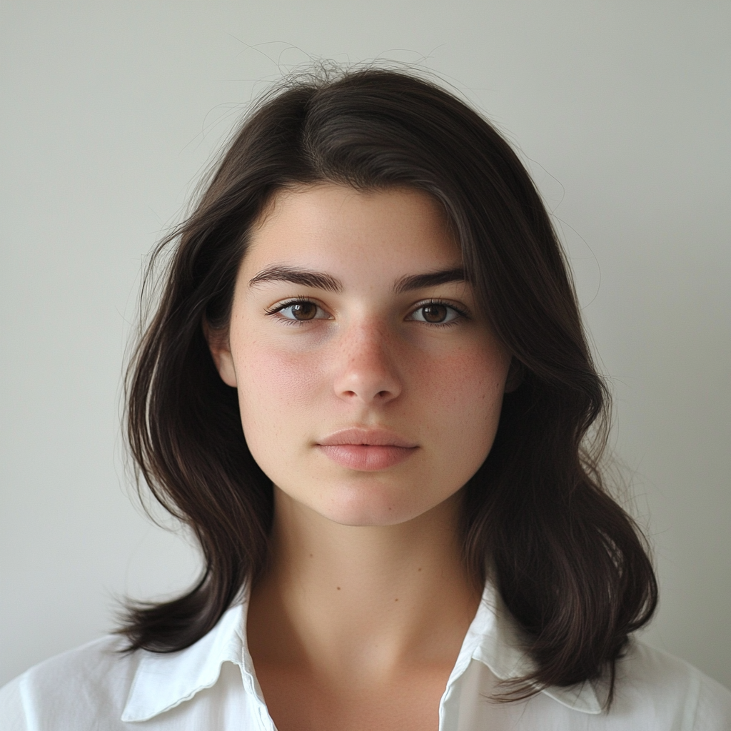 Frontal shot of young woman with dark hair.