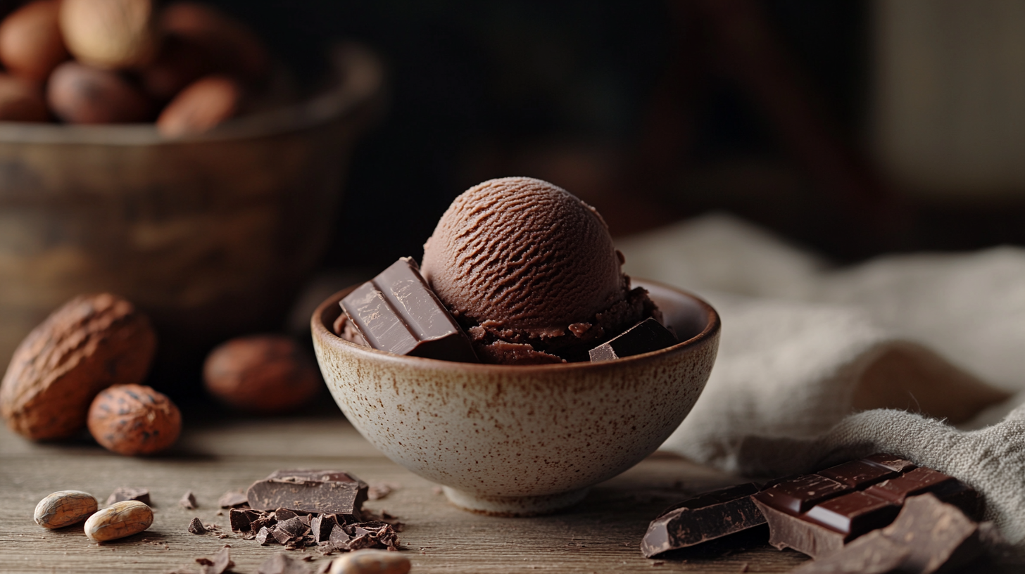 Frontal view bowl chocolate gelato on table