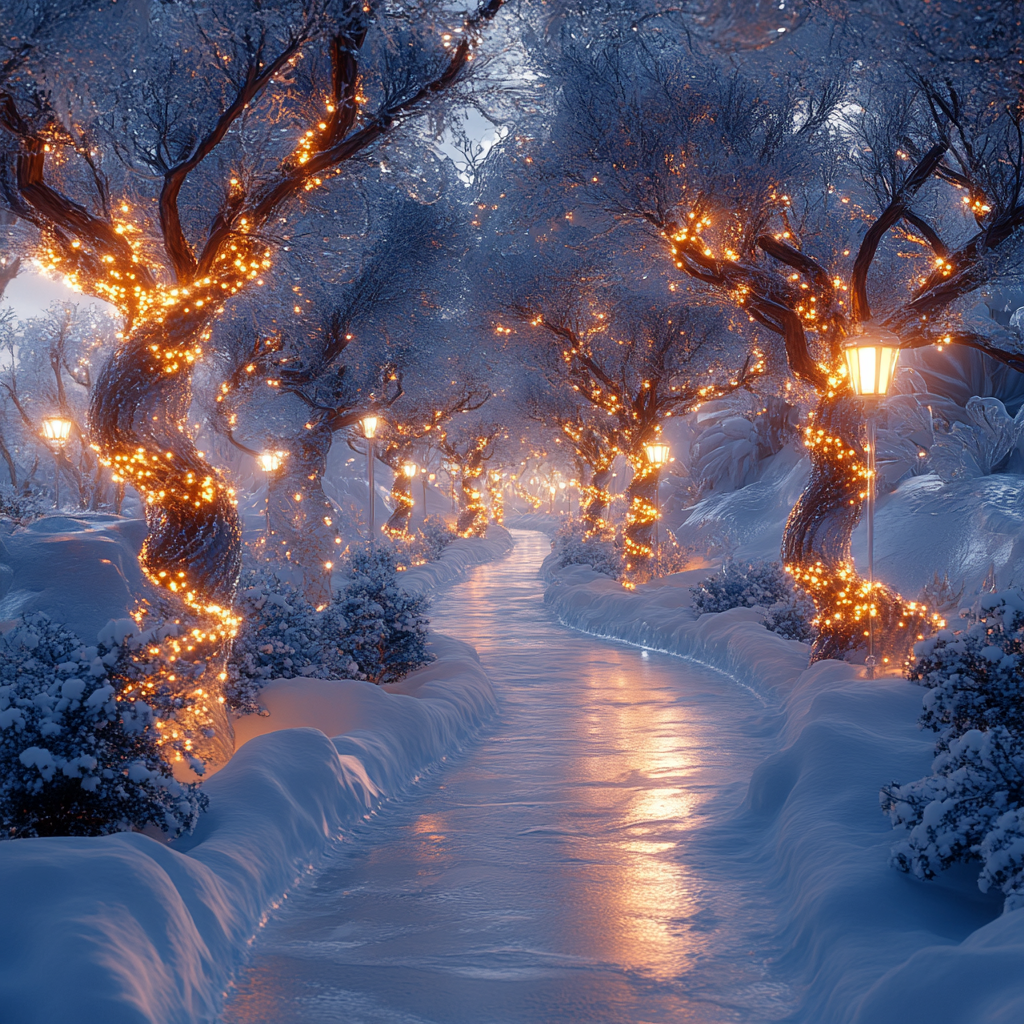 Frozen Gardens: Serene Snowscape with Ethereal Ice Sculptures 