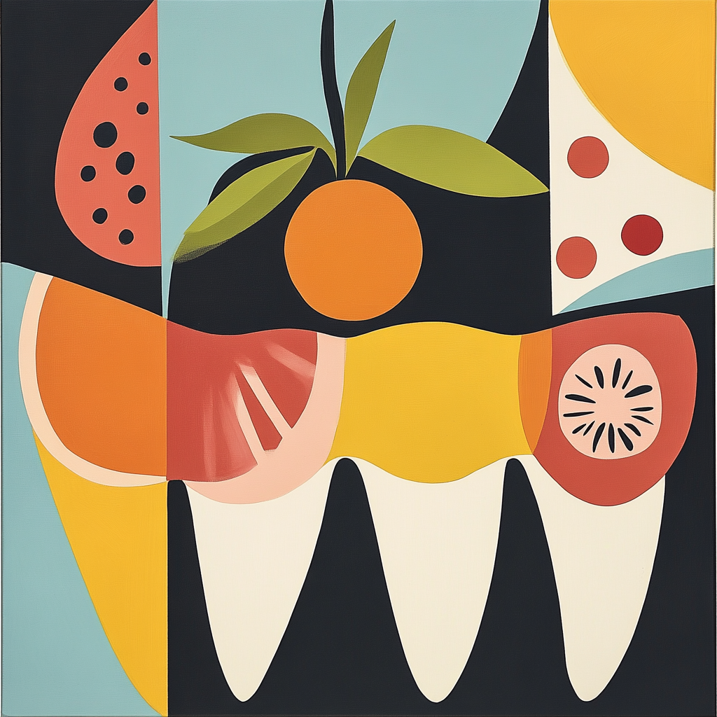 Fruit-inspired teeth artwork with clean lines and shapes.