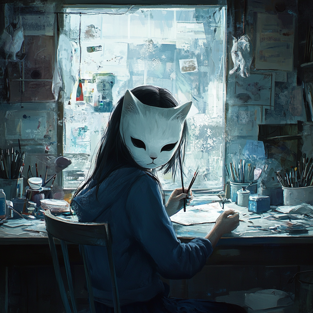 Frustrated 14-year-old girl making a white cat mask.