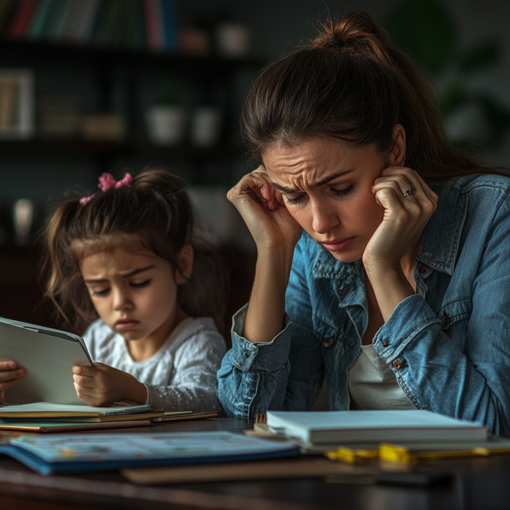 Frustrated Mother Helping Child with Homework, Modern Living Room