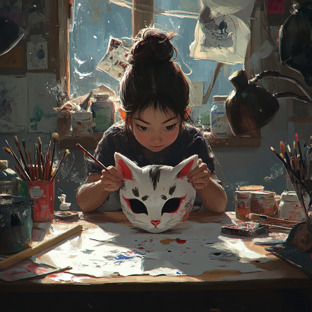 Frustrated girl painting messy cat mask with determination.