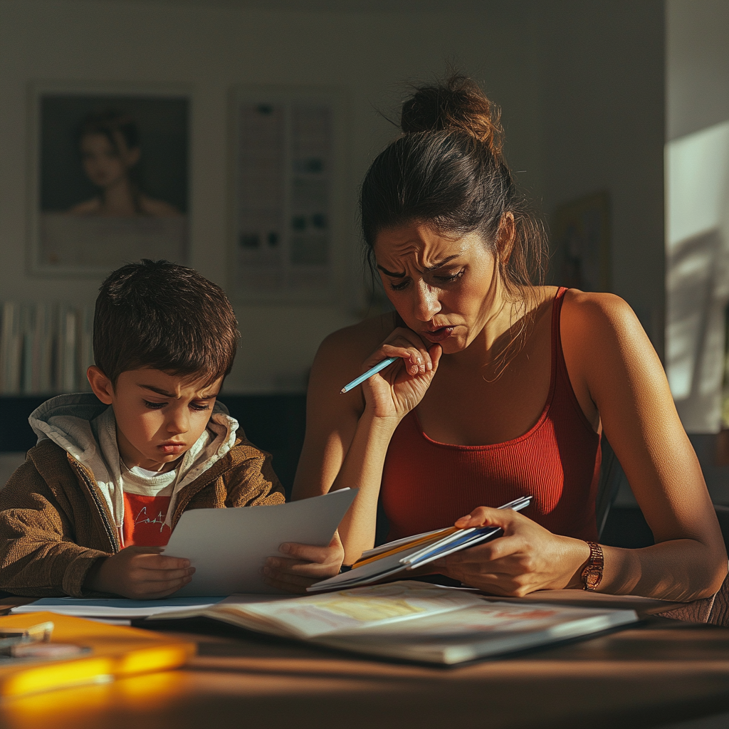 Frustrated mother helps child with homework, modern living room