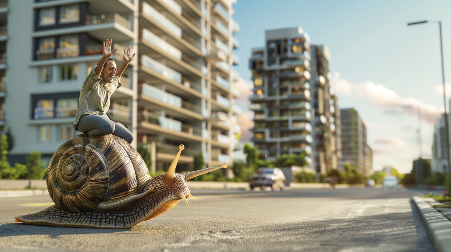 Frustrated real estate agent on oversized snail in city.