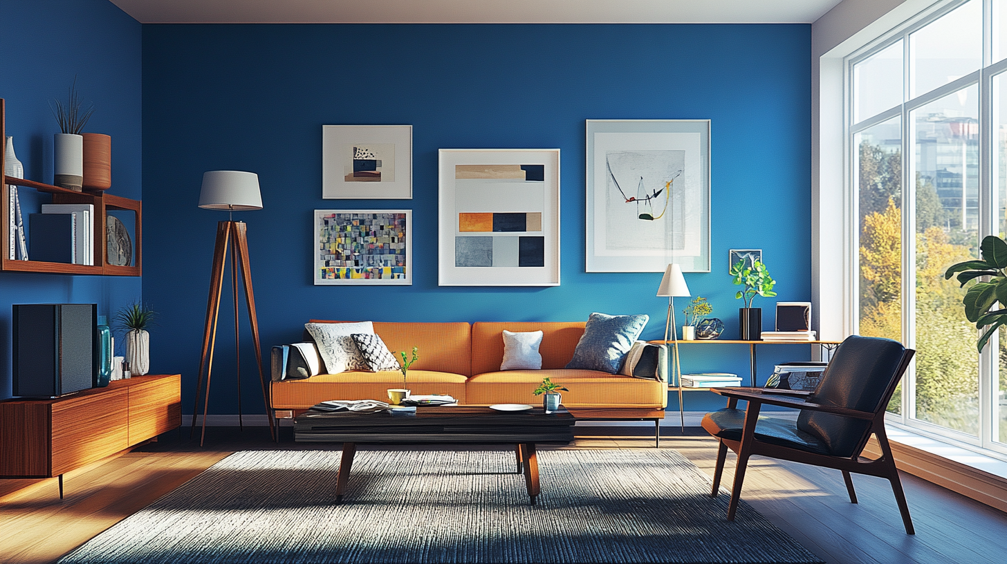 Fulfilled living room, dining table in mid-century style.