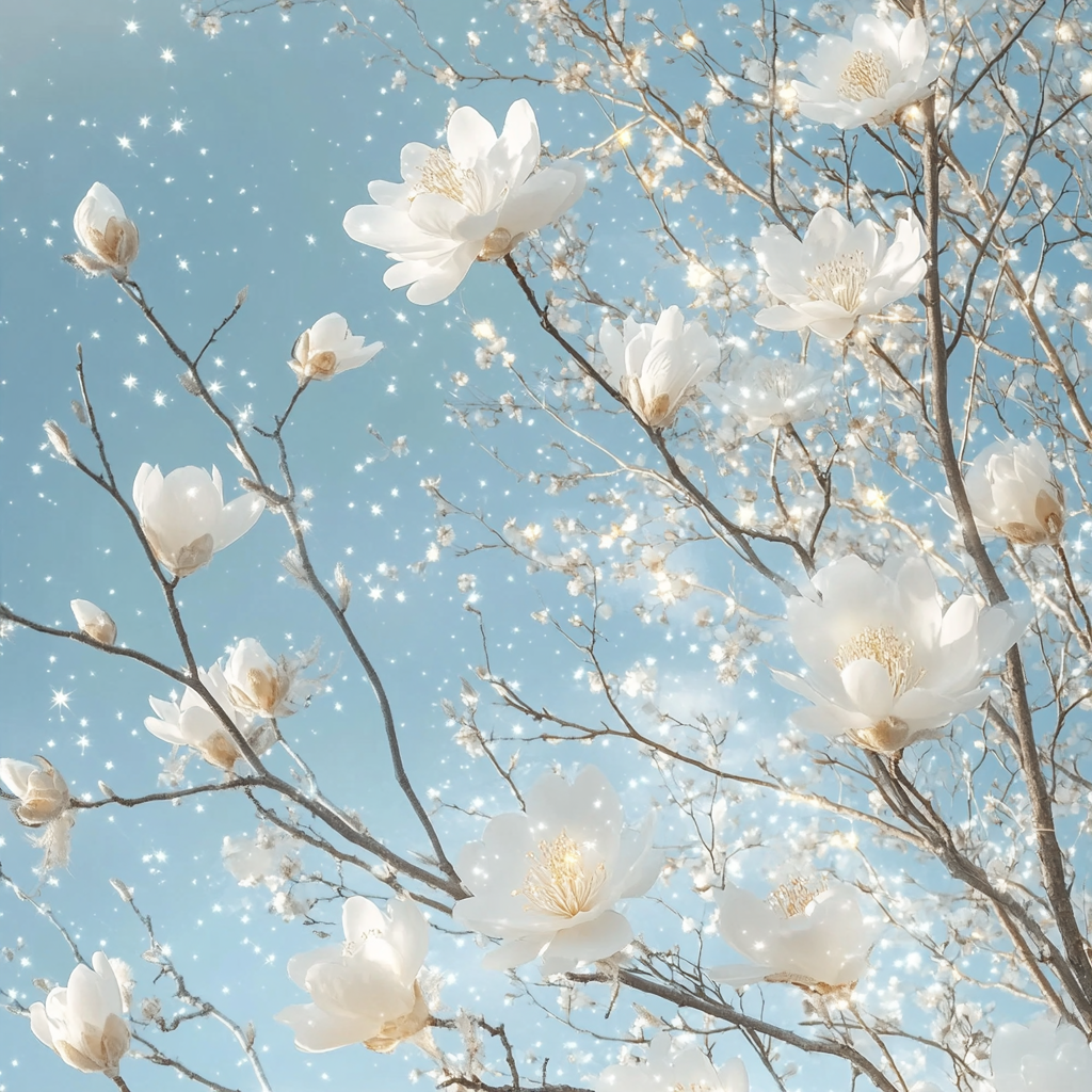 Full-Length Tree with Snow-White Fluffy Flowers and Golden Stars 