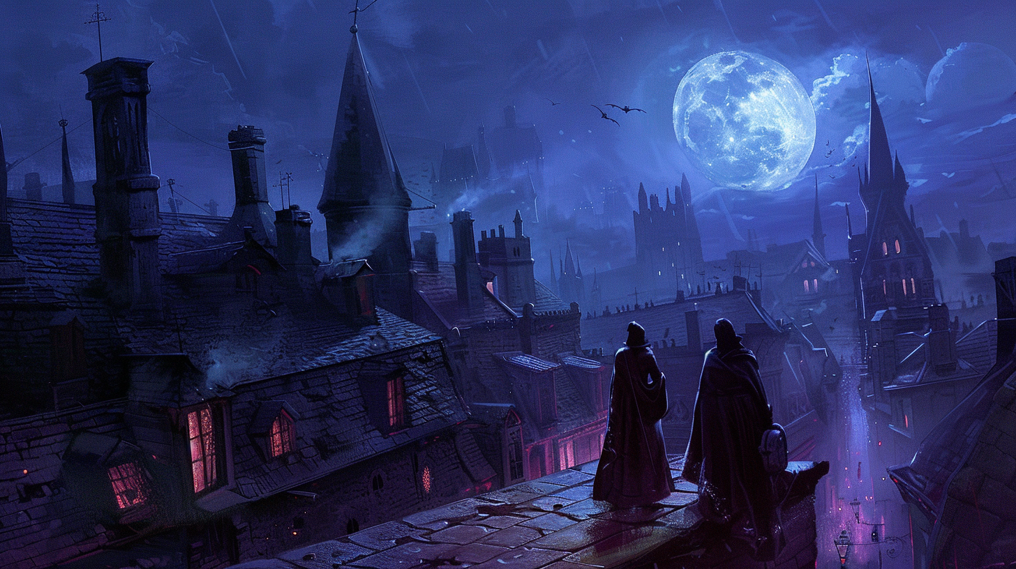 Full Moon Night with Victorian Vampires, Rooftops, Steeples