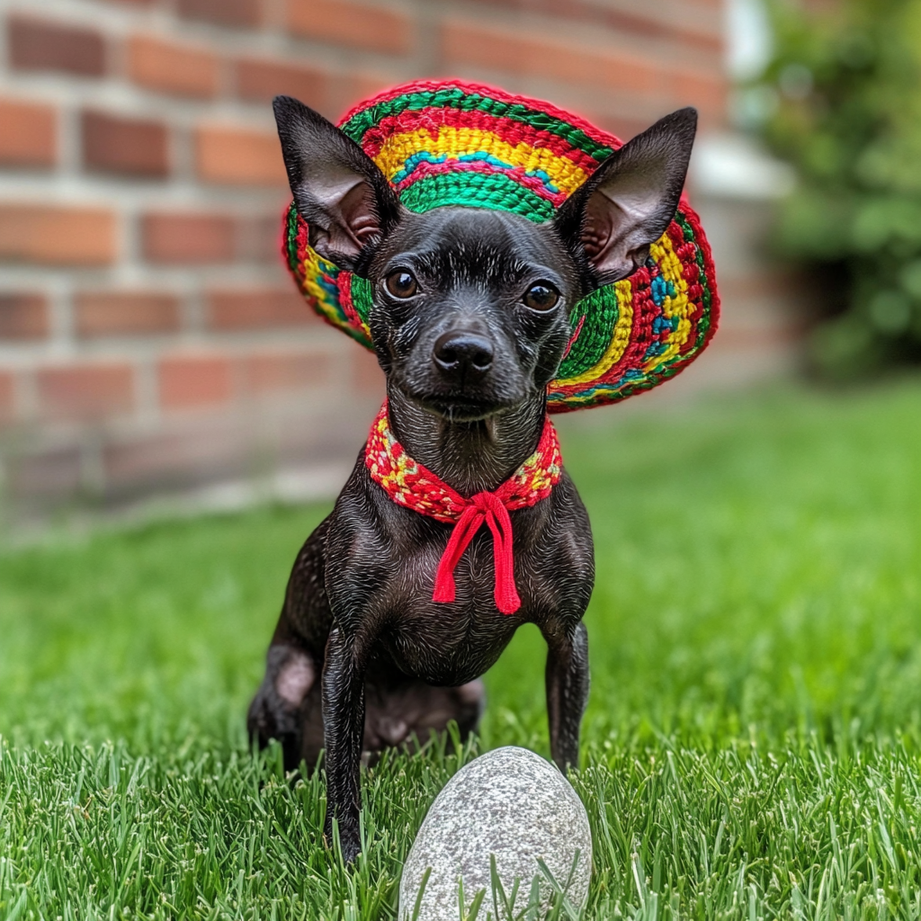 Full-body Xoloitzcuintli in Mexican hat on lawn with stone.