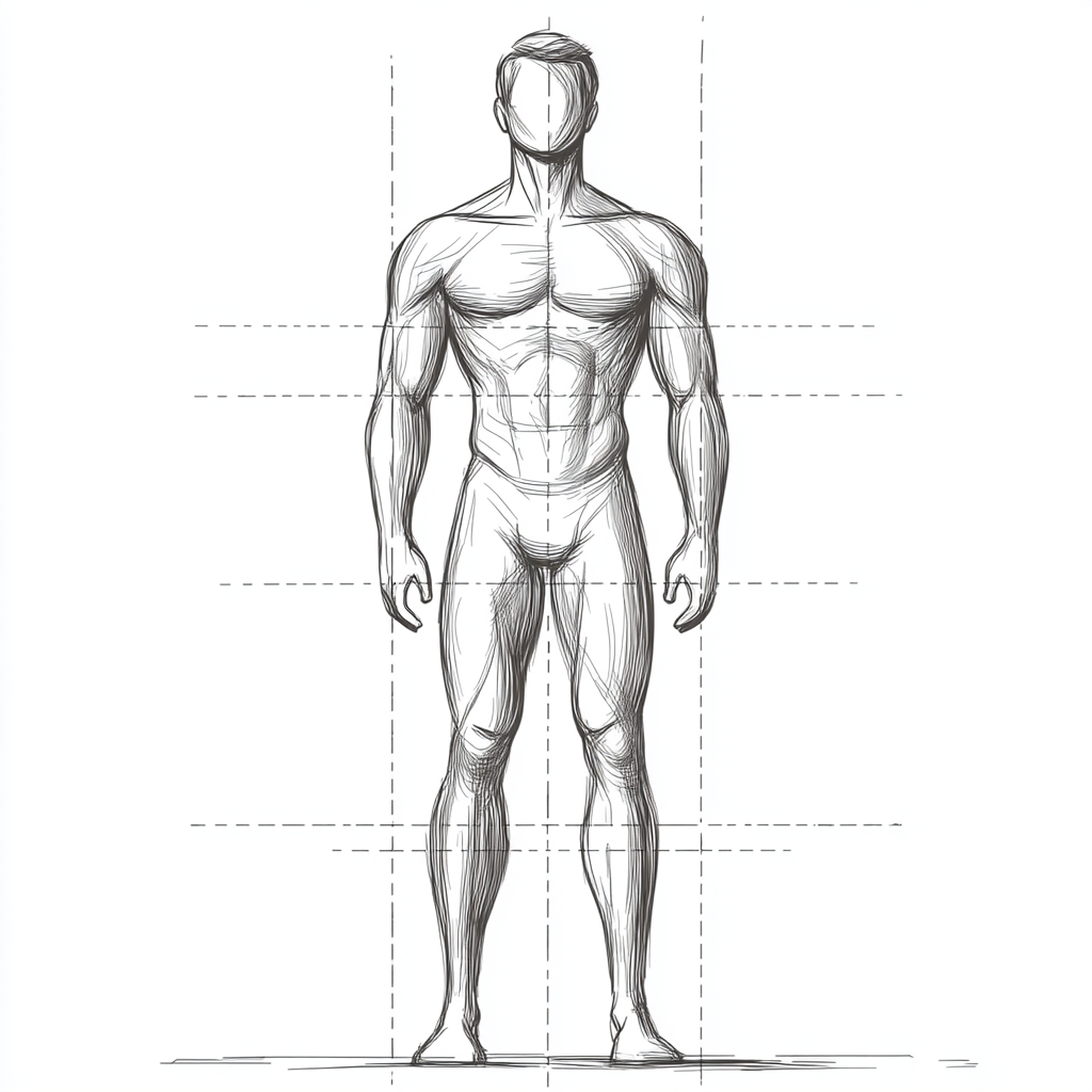 Full-body front-facing male image, 150 cm height, proportions emphasized.