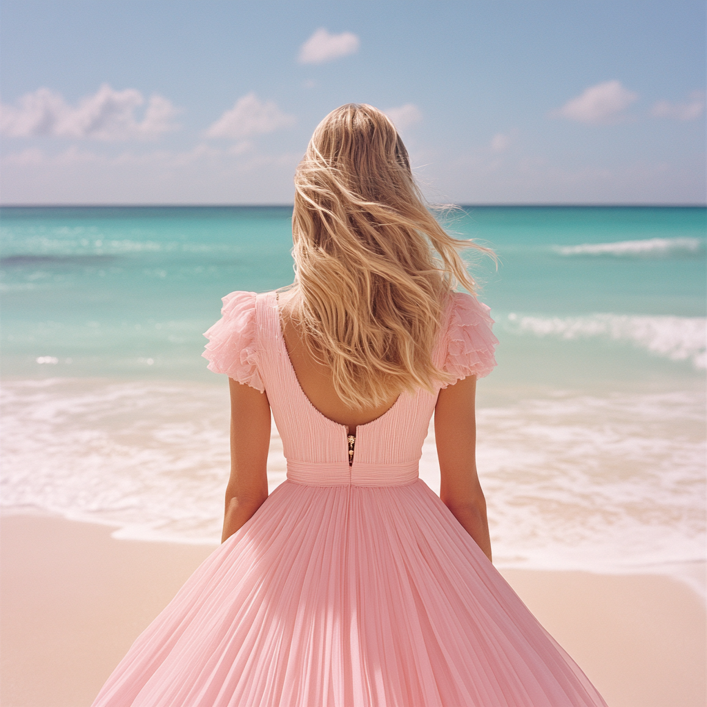 Full-length pink beach popup jewelry minimalist photo