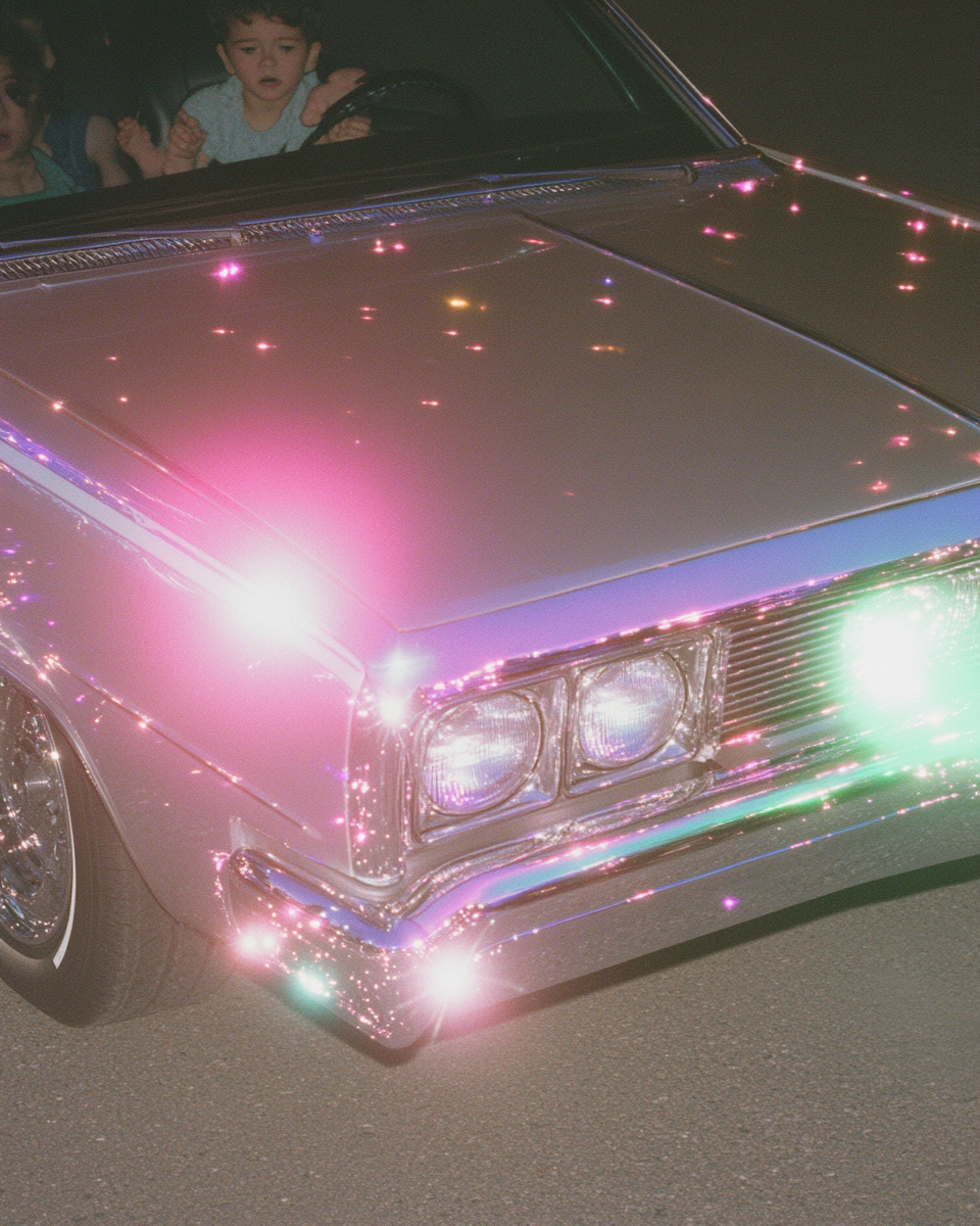 Fully chrome-plated Impala with children, creating tension, reflections visible.