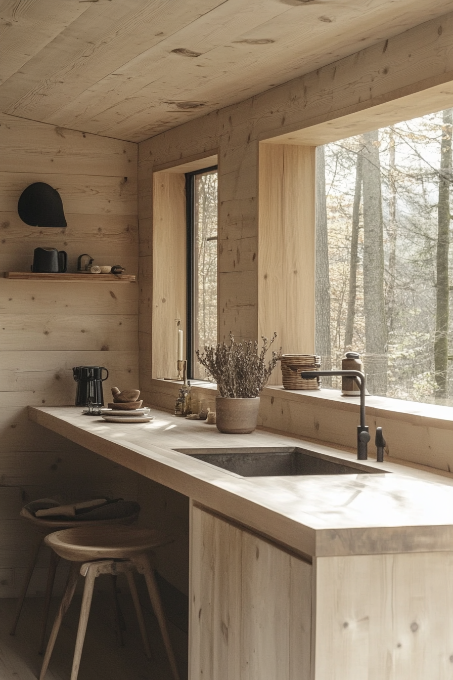 Functional minimalism cabin kitchen with streamlined furniture and cabinets.