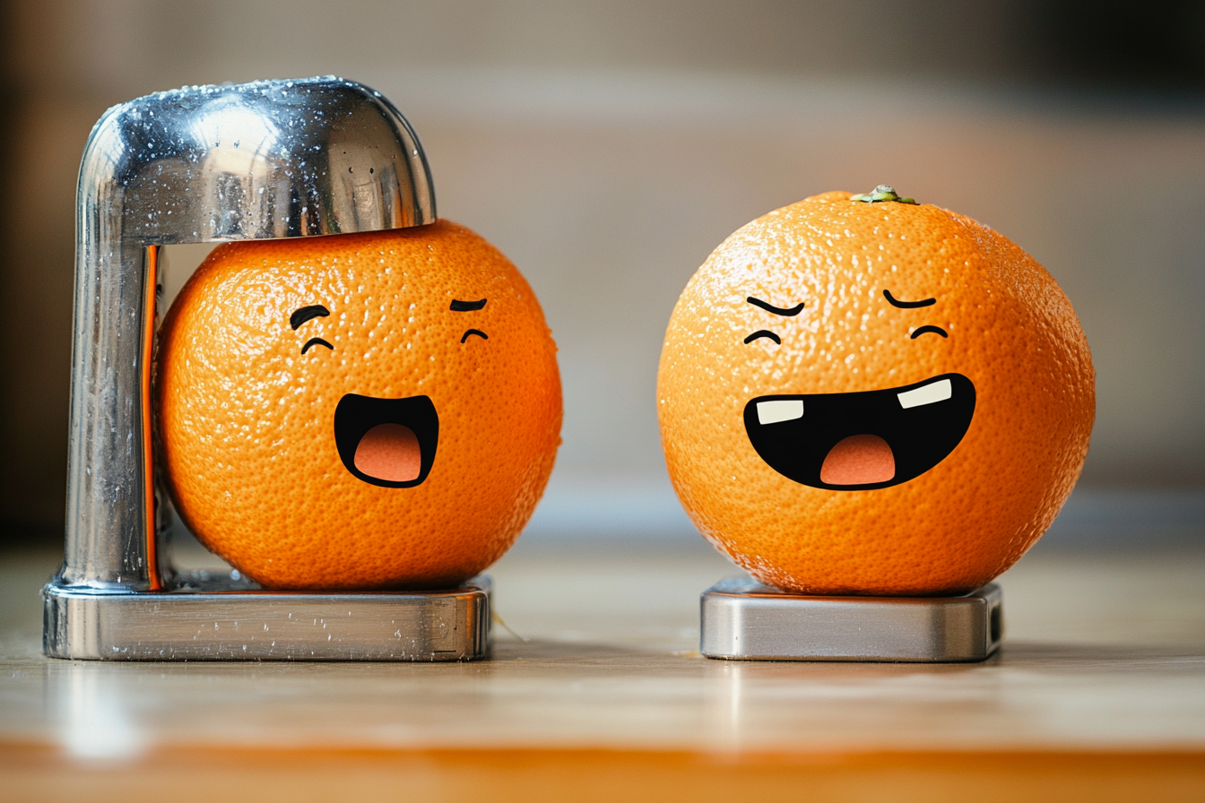 Funny, detailed image of oranges, juice juicer approaching.