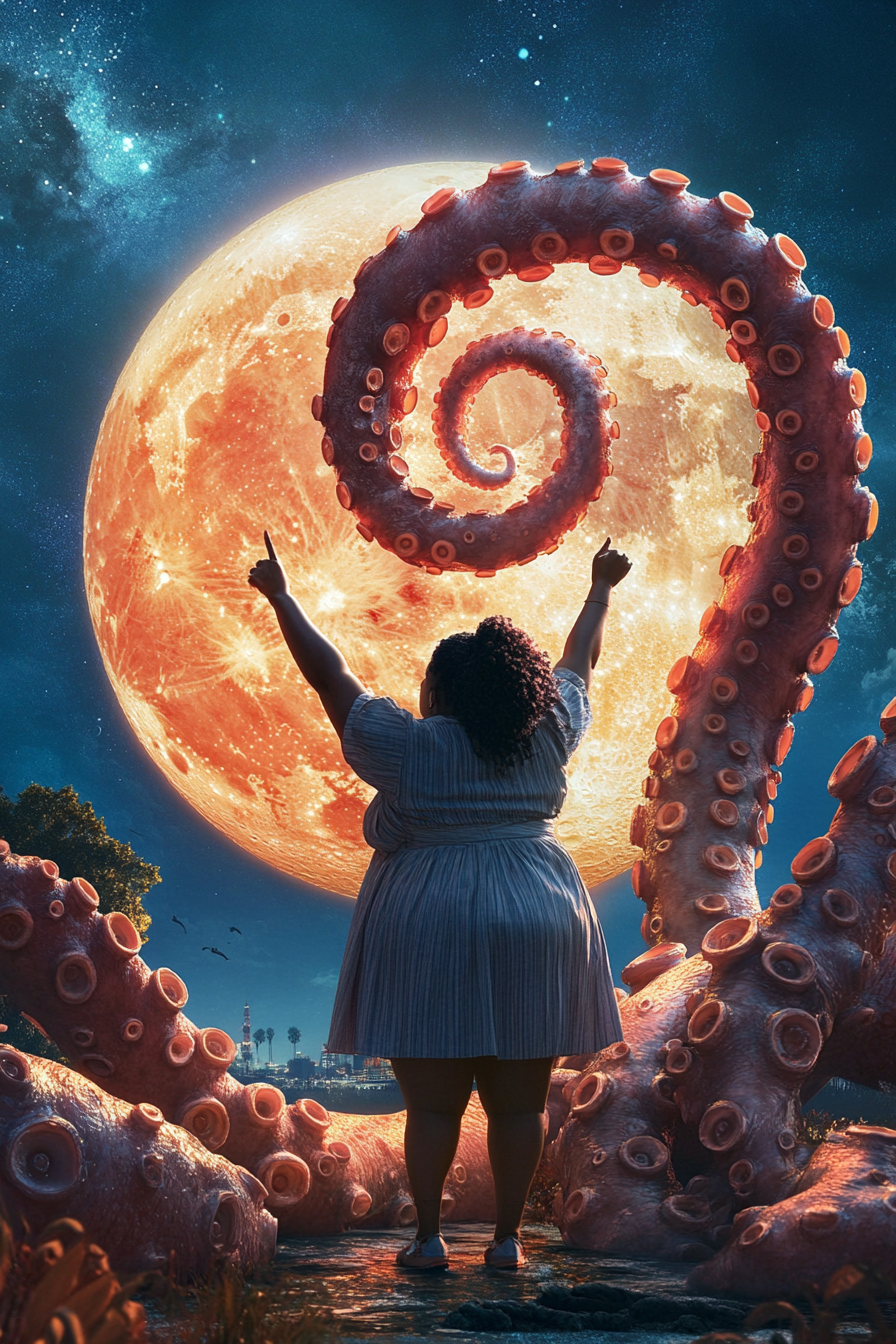 Funny Black woman pointing at moon while tentacle holds her.