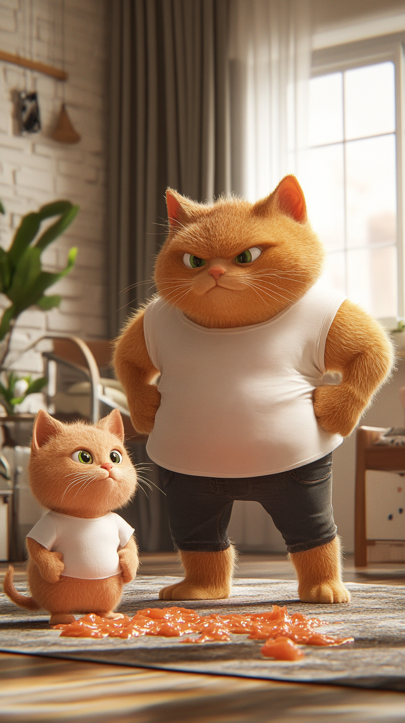 Funny Disney Style 3D Kitten and Father Cat