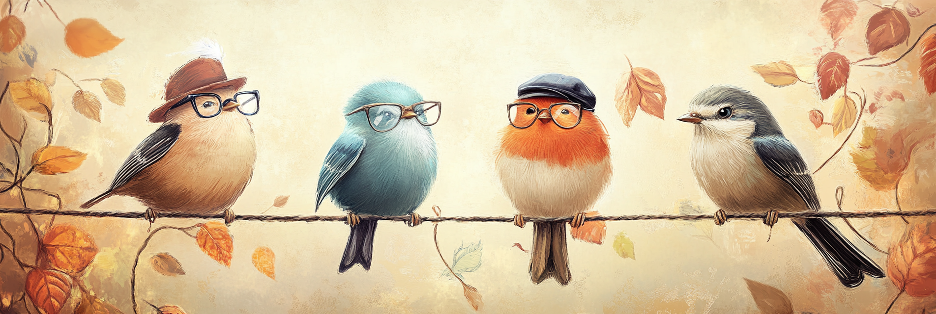 Funny birds with glasses and hats on wire.