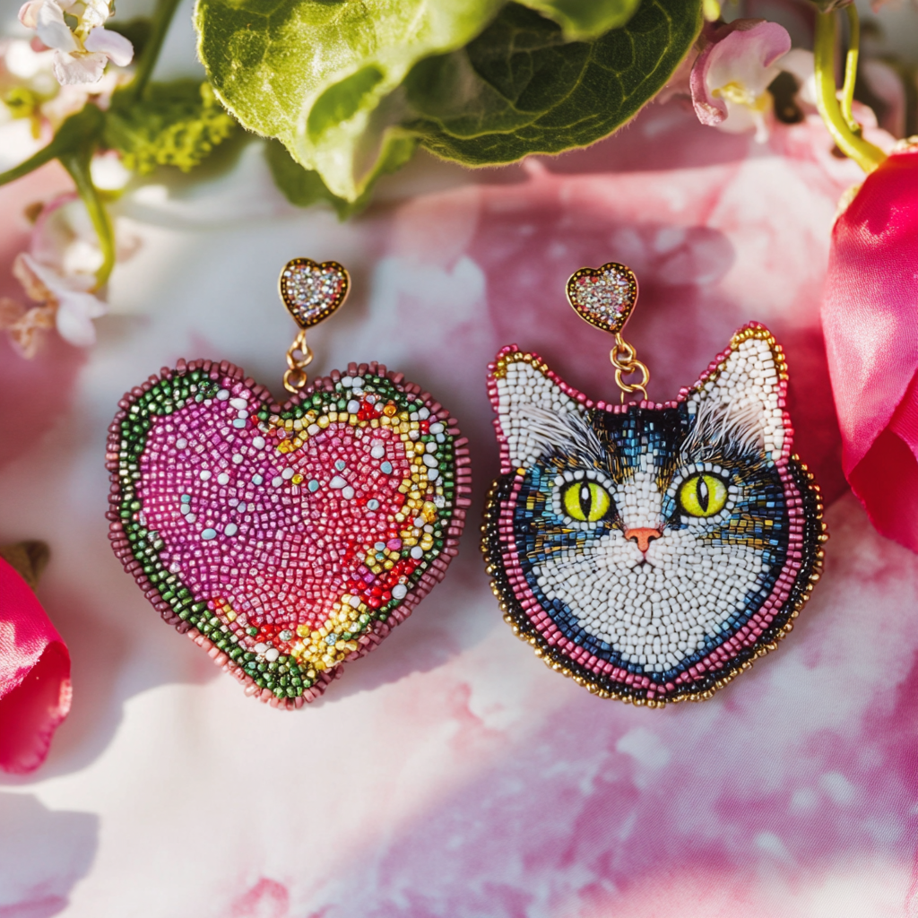 Funny heart and cat earrings in dadaism style.