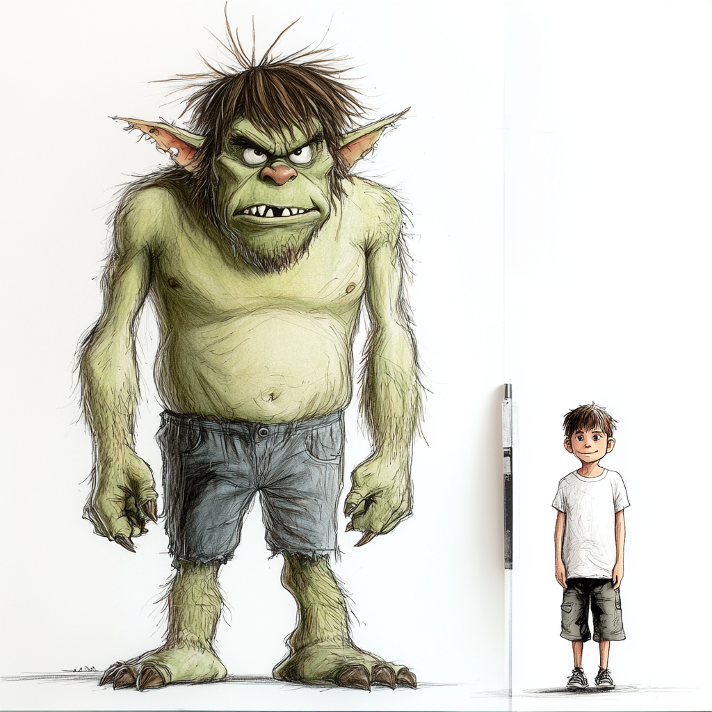 Funny troll drawing next to 8-year-old kid. White background.